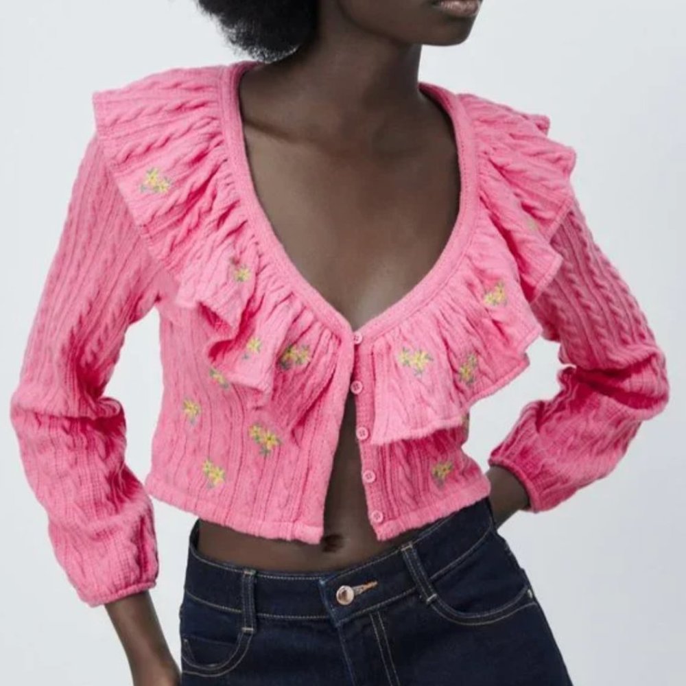 Zara ruffled floral cableknit cardigan - never worn with tags - Size Small